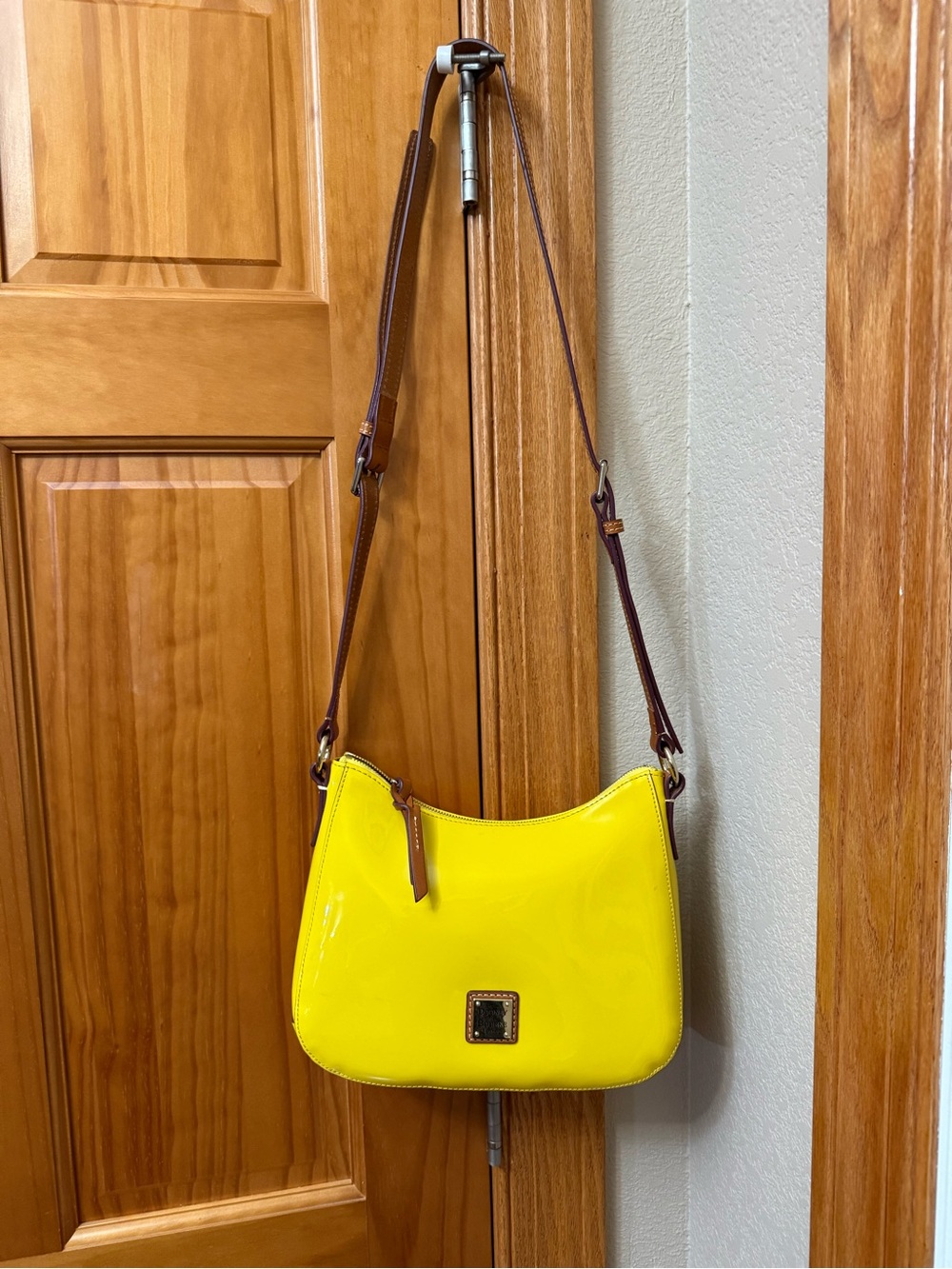 Dooney & Burke Yellow Patent Shoulder Bag with Brown Strap